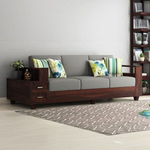 Douceur Furnitures Solid Sheesham Wood With Storage For Living / Cafe / Office. Fabric 3 Seater  Sofa