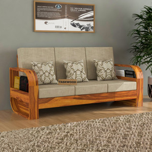 Taskwood Furniture Solid Sheesham Wood For Living Room, Office, Caf? Fabric 3 Seater  Sofa