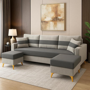 FURNY Bastian 3 Seater Modular Sofa Set with 2 Ottoman| Soft Velvet | Modern Design Fabric 3 Seater  Sofa