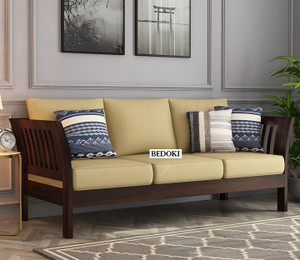 BEDOKI Sheesham Wood Three Seater Luxury Sofa For Living Room, Hotel, Café. Fabric 3 Seater  Sofa