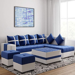 LIVEWELL Premium Quality RHS 8 Seater with 1 Center Table and 2 Puffy , 6 Pillow Molfino Fabric 3 + 2 + 2 + 1 Sofa Set