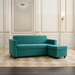 WAKESURE Premium Quality With Ottoman Velvet Fabric 4 Seater  Sofa