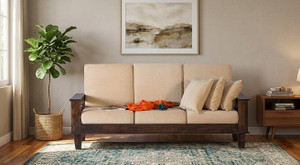 PR FURNITURE Wooden Three Seater Sofa For-Living Room/Office(Finish:-Brown Finish) Fabric 3 Seater Sofa
