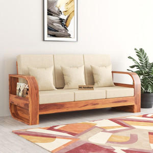 PR FURNITURE Solid Sheesham Wood Three Seater Sofa For Living Room/ Office Fabric 3 Seater  Sofa