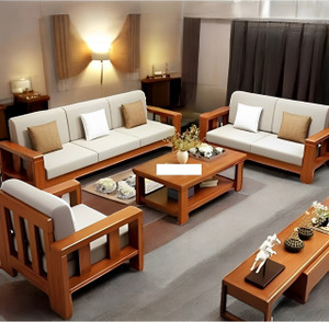 DECORWOOD Solid Sheesham Wood Six Seater Sofa Set For Living Room, Hotel Office. Fabric 3 + 2 + 1 Sofa Set