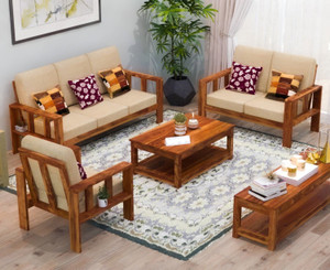 DECORWOOD Solid Sheesham Wood Six Seater Sofa Set For Living Room, Hotel Office. Fabric 3 + 2 + 1 Sofa Set