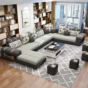 Torque Bristol U Shape 9 Seater Fabric Sofa Set with 4 Puffy (Ash Grey & Dk Grey) Fabric 3 + 2 + 2 + 1 Sofa Set