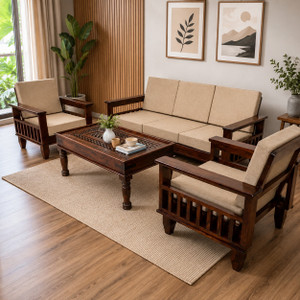 Kendalwood Furniture Kendalwood 5 Seater Solid Sheesham Wood Sofa Set with Cushions Fabric 3 + 1 + 1 Sofa Set