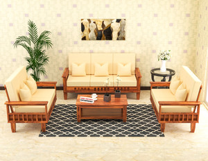Shree Jeen Mata Enterprises KUBER Design Sheesham Wood Seven Seater Sofa Set With 'DERBY' Fabric Cushion | Fabric 3 + 2 + 2 Sofa Set