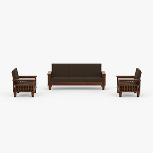 Allie Wood Sheesham Wood Sofa Set Fabric 3 + 1 + 1 Sofa Set