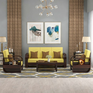Douceur Furnitures Solid Sheesham Wood Five Seater Sofa Set With Coffee Table For Living Room, Café Fabric 3 + 1 + 1 Sofa Set