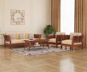 House Of Kuber Solid Sheesham Wood Royal Style 5 Seater Sofa Set For Living Room, Office. Fabric 3 + 1 + 1 Sofa Set