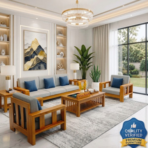 WhiteBeard Premium Sheesham Wood Sofa Set With Centre Table New Design Sofa Fabric 3 + 1 + 1 Sofa Set