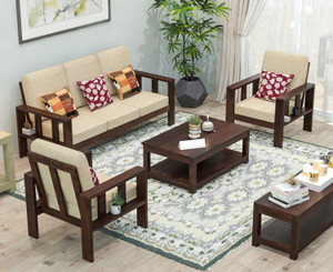 DECORWOOD Solid Sheesham Wood Five Seater Sofa Set For Living Room, Hotel Office. Fabric 3 + 1 + 1 Sofa Set