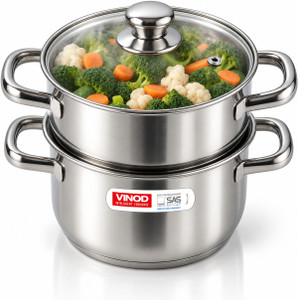 VINOD Steamer 2 Tier with Glass Lid 24cm, Steamer for vegetables & momos with SAS base Stainless Steel Steamer
