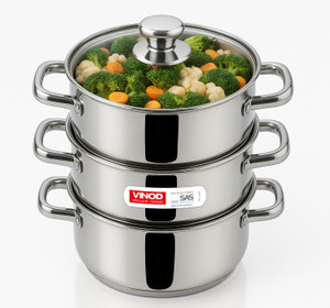 VINOD 3-Tier 18 cm Stainless Steel Momo & Modak Steamer, Glass Lid, Induction Base Stainless Steel Steamer