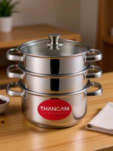 THANGAM Stainless Steel 3 Tier Steamer Pot 18cm Idli Dhokla Cooker Lid Induction Base Stainless Steel Steamer