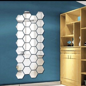 WallBerry 8 cm 12 Hexagon Silver (Size 7 x 8) 3D Acrylic Mirror Wall Stickers Self Adhesive Sticker