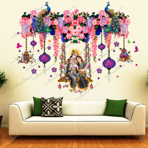 DivineDesigns 61 cm Radha Krishna Flowers Jhoomars Sticker Self Adhesive Sticker
