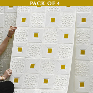 Onbet 70 cm 3D Decorative Foam White With Gold Wallpaper (70X70 CM) Self Adhesive Sticker