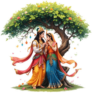 Hetshree Decor 51 cm Cute Radha Krishna Under Tree Wall Sticker And Decal Self Adhesive Sticker