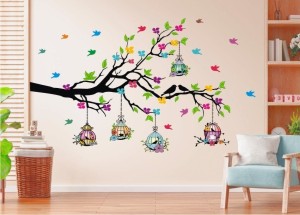 Heaven Decors 80 cm Tree Branches - Colorful Birdcage - Flower- Sticker ( ideal size - Large ) Self Adhesive Sticker