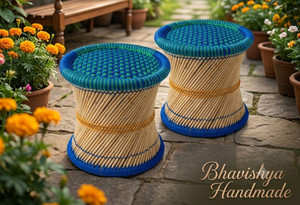 Bhavishya Bamboo Mudda Stool, Chair For Living Room Round Shape Wooden Stool For Garden Outdoor & Cafeteria Stool