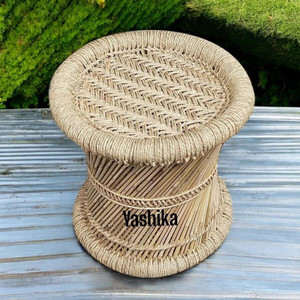 YASHIKA CREATION Handmade and Natural Bamboo Mudda Stool With Beige - 12 X 12 Inch Outdoor & Cafeteria Stool
