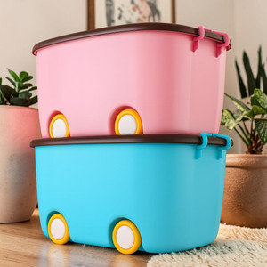 WHITE PONY Plastic Storage Box for Kids Toys with Wheels Lid Stackable Multicolor Storage Basket