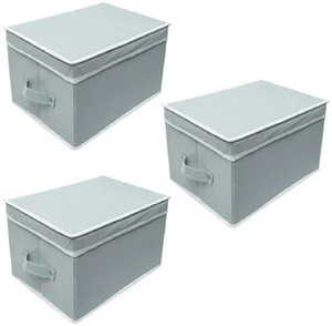 uhi Non-Woven Solid Foldable Storage Box/Bin Organizer Multi-Utility Wardrobe Organiser with Lid & Handles, For Kids, Books, Magazines, Clothes (Combo of 3)