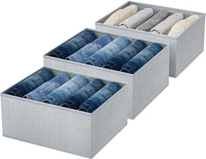 रूकरफ 7 Grid Foldable Fabric Drawer Organizer Box for Clothes, T-Shirts, Sarees, Jeans, Towels | Open Compartment Closet Storage Bin with Partition Non Woven Wardrobe Storage Solution for Home & Office Set of 3