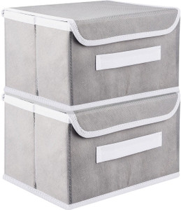 Mteaser Non Woven Multipurpose Foldable and Collapsible Storage Box Wardrobe Closet Organizer Stackable Basket/Bins with Lid Handle for Clothes | Toys | Books Set of 2