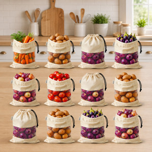 vrusmith Cotton Mesh Vegetable Storage Bags for Fridge Reusable Cotton Storage Pouch