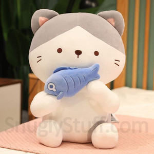 snuglystuff Cute Cat Holding Fish Stuffed Soft Animal Toys Kawaii Plushie Gift for Children  - 35 cm