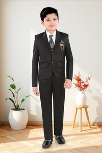 JOLEY POLEY Boys 5 Piece Suit Set - Coat Pant Set with Blazer, Waistcoat, Shirt, Pant & Tie Solid Boys Suit