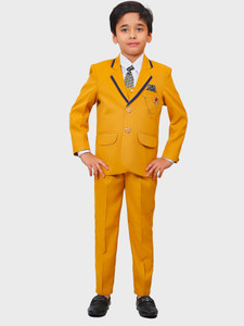 YoungYarns 5 Piece Suit Set for Boys | Coat, Pant, Waistcoat, Shirt Tie & Brooch Solid Boys Suit