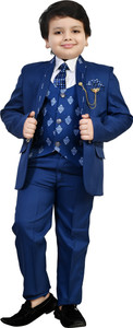 BT DEZINES 5 Piece Coat Pant Suit Set For Boys Self Design, Solid Boys Suit