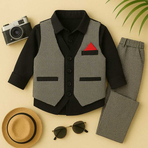 Paryushnam Boys SHIRT WAISTCOAT PANT SET COAT PANT SUIT SET KIDS BABY BOYS DRESS WEAR BLACK Self Design Boys Suit