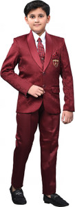 YoungYarns 5 Piece Coat Pant Suit Set for Boys, Blazer Shirt Pant Waistcoat Tie & Brooch Solid Boys Suit