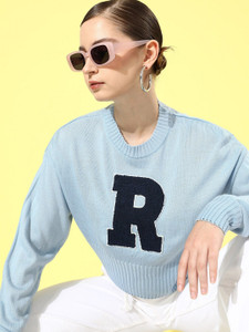 Roadster Self Design Round Neck Casual Women Blue Sweater