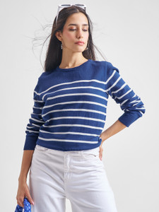 Tokyo Talkies Striped Round Neck Casual Women Blue Sweater