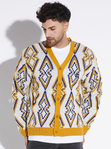 FUGAZEE Printed V Neck Casual Men Multicolor Sweater