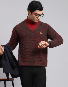 MONTE CARLO Self Design Round Neck Casual Men Maroon Sweater