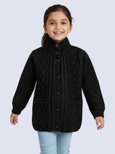 Yellow Apple Self Design High Neck Casual Girls Black Sweater