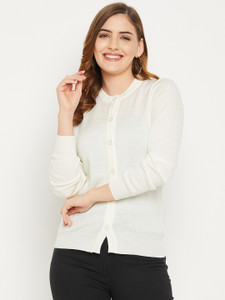 Zigo Solid Round Neck Casual Women White Sweater