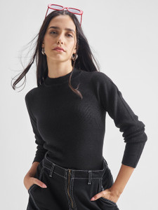 Tokyo Talkies Solid Crew Neck Casual Women Black Sweater