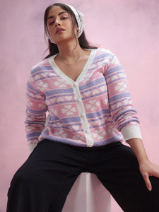 DressBerry Curve Self Design V Neck Casual Women Pink Sweater