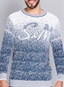 eWools Self Design Round Neck Party Men Blue Sweater