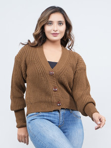 FEVERFEW Self Design V Neck Party Women Brown Sweater