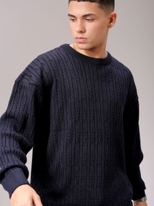 The Indian Garage Co. Self Design Crew Neck Casual Men Black Sweater